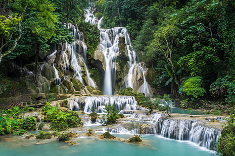 floresta, árvores, pedras, rochas, cachoeira, laos, cachoeira kuang si, HD papel de parede HD wallpaper