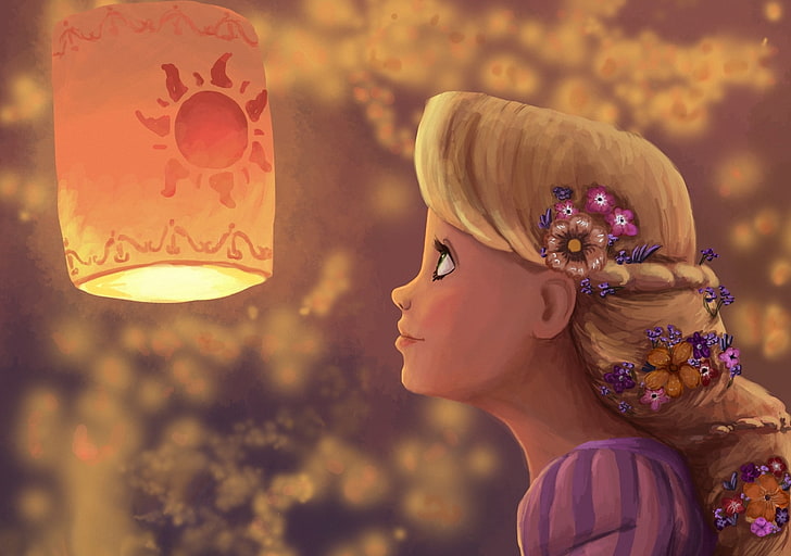 girl, flowers, art, flashlight, profile, Rapunzel, HD wallpaper