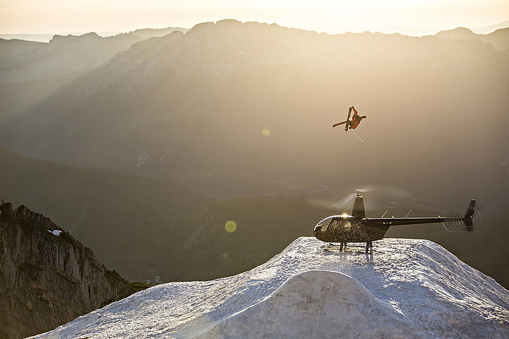 Candide Thovex, helicópteros, esquí, esquís, nieve, Fondo de pantalla HD