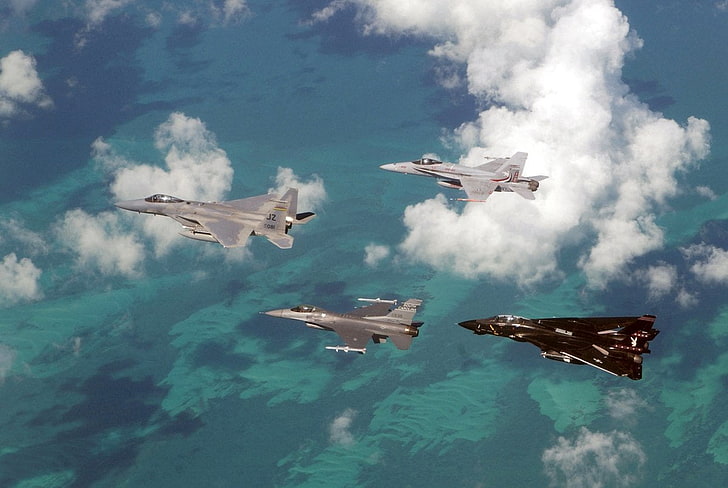 schwarze und drei graue Flugzeuge, Düsenjäger, Düsenjäger, F-16, F-18, Grumman F-14 Tomcat, McDonnell Douglas F-15 Eagle, HD-Hintergrundbild