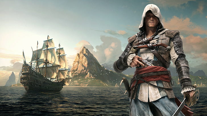 Assassin's Creed Black Flag Pirate Schooner Ship Sail Ship Pistol Sword Hood HD, gry wideo, czarny, miecz, s, statek, flaga, zabójca, kredo, żagiel, pirat, kaptur, szkuner, pistolet, Tapety HD