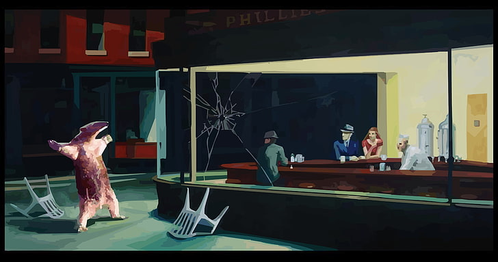 people inside bar painting, artwork, Edward Hopper, anteaters, memes, humor, Nighthawks, parody, wanna fight?, Come at me bro, HD wallpaper