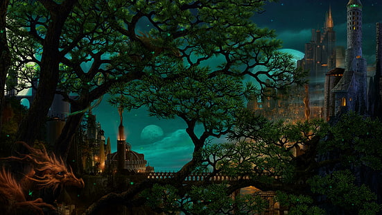 Castle Of Wizards, дракон, пълнолуние, замък, мост, готика, въображение, дърво, история, приказка, гот, подземия, HD тапет HD wallpaper