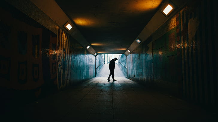 tunnel, silhouette, underground, dark, loneliness, HD wallpaper