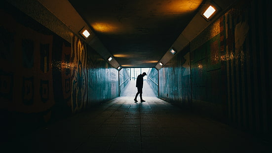 tunnel, silhouette, underground, dark, loneliness, HD wallpaper HD wallpaper