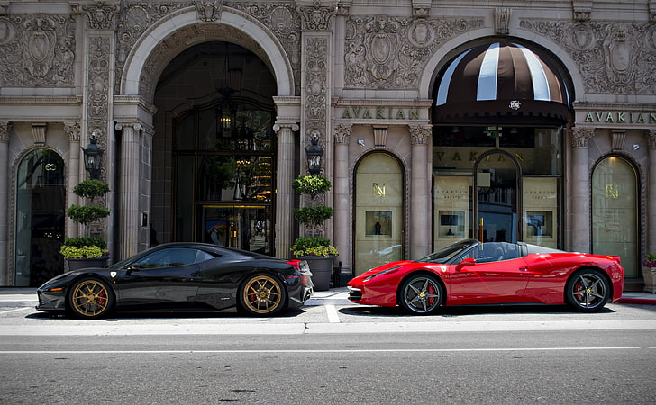 Ferrari 458 Italia, two black and red coupes, Cars, Supercars, Buildings, Architecture, Europe, Ferrari, Italia, combo, HD wallpaper