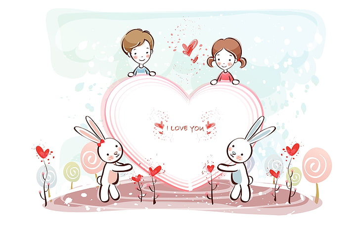 two pink and grey rabbits holding heart illustration, valentines day, heart, recognition, love, HD wallpaper