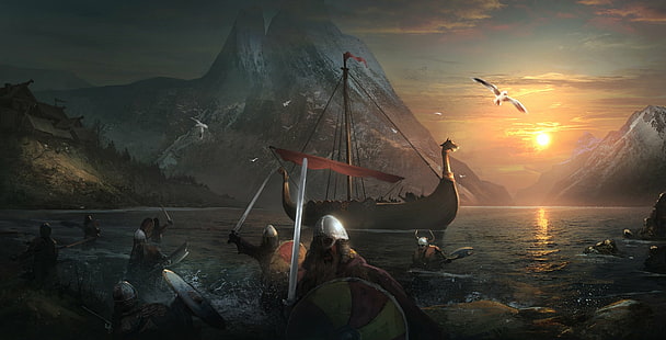 Fantasy, Viking, Drakkar, hjälm, sköld, svärd, krigare, HD tapet HD wallpaper