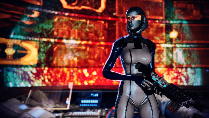 woman black and white suit gameplay screenshot, Robot, Mass Effect, EDI, Susie, HD wallpaper