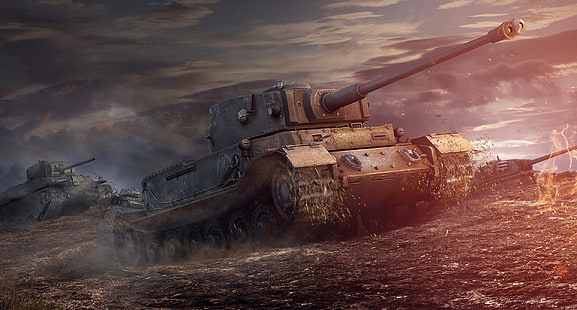 Tapeta cyfrowa brązowego czołgu bojowego, niebo, brud, grafika, czołg, czołgi, WoT, World of Tanks, PzKpfw VI Tiger (P), T1 Heavy, ARL 44, Tiger P, Tapety HD HD wallpaper
