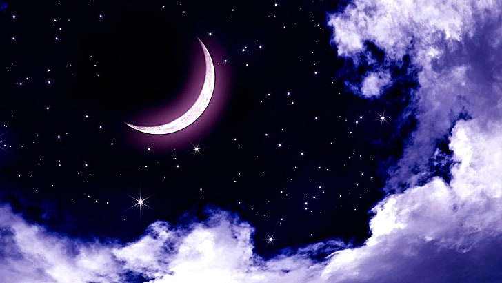 луна, ночь, звезды, облака, фэнтези-арт, сказочная страна, звездное небо, звездный свет, HD обои