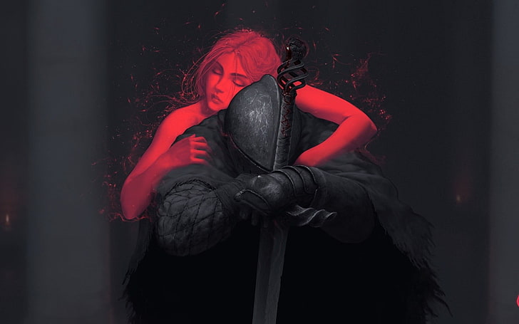 wanita merangkul wallpaper ksatria berlutut, ksatria, karya seni, seni fantasi, Dark Souls II, Dark Souls, Wallpaper HD