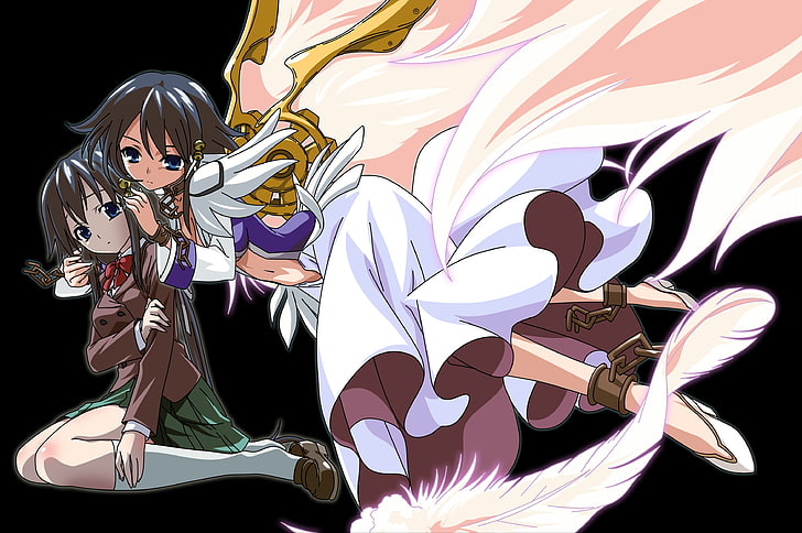 две чернокоси женски илюстрации на герои от аниме, sora no otoshimono, паднали от небето, момичета, рокля, крила, перо, HD тапет