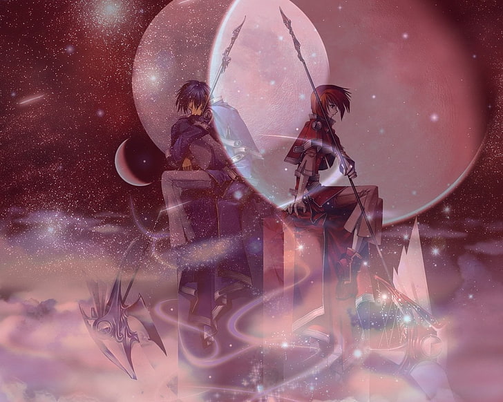 two male and female characters holding weapons while sitting under the moon wallpaper, Anime, Cool, Warrior, Woman Warrior, HD wallpaper