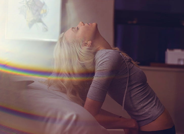 model, rainbows, closed eyes, blonde, women, HD wallpaper