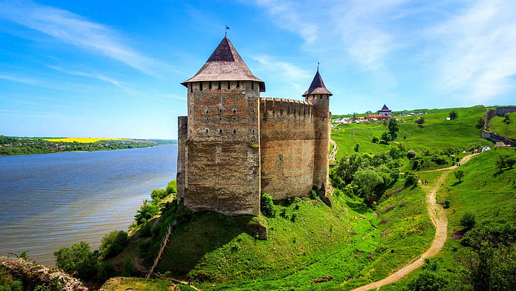 крепость, Хотинская крепость, Украина, Европа, река Днестр, Хотин, форт, река, замок, трава, архитектура, HD обои