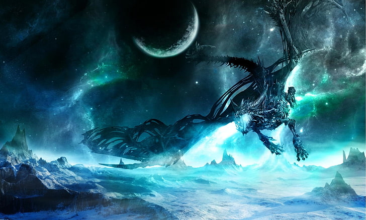 Wallpaper naga bersayap hitam 3D, Warcraft, World Of Warcraft: Wrath Of The Lich King, Naga, Fantasi, Lanskap, Bulan, Gunung, Sindragosa (World Of Warcraft), Bintang, Wallpaper HD