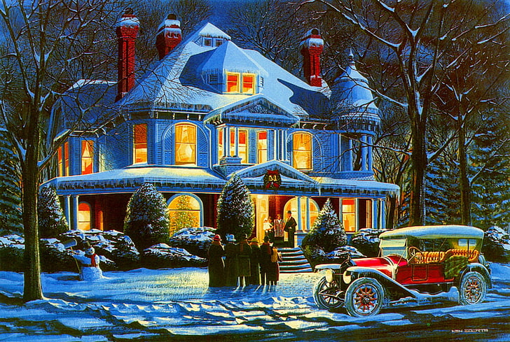 Holiday, Christmas, Car, House, Retro, Vintage, HD wallpaper