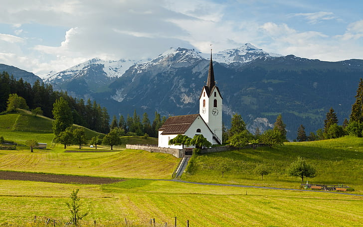 църква, трева, планини, HD тапет