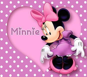Carta da parati Minnie Mouse, cuore, rosa, cartone animato, disney, viola, topo, pois, minnie, Sfondo HD HD wallpaper