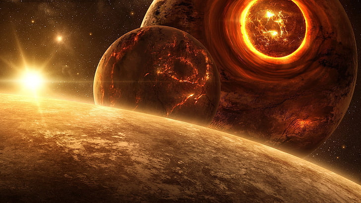 Ilustración de dos planetas y sol, planeta, espacio, estrellas, arte espacial, Fondo de pantalla HD