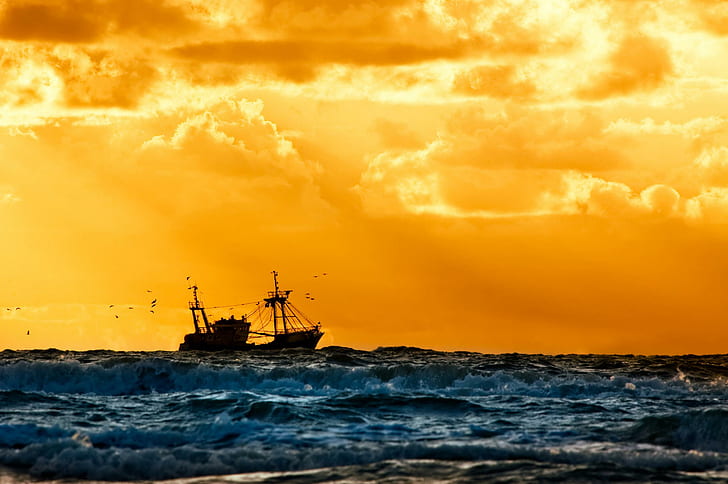 Fisherboat on high Seas, clouds, sunset, water, waves, nature, HD wallpaper