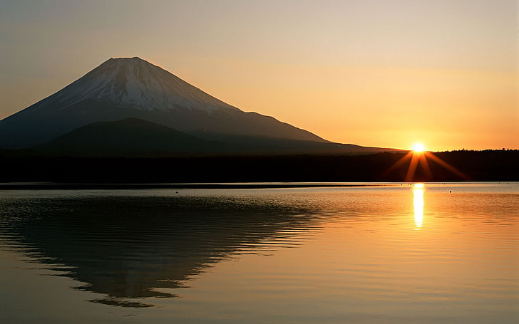 Flares, Japan, landscape, Mount Fuji, mountain, reflection, sunlight, water, HD wallpaper