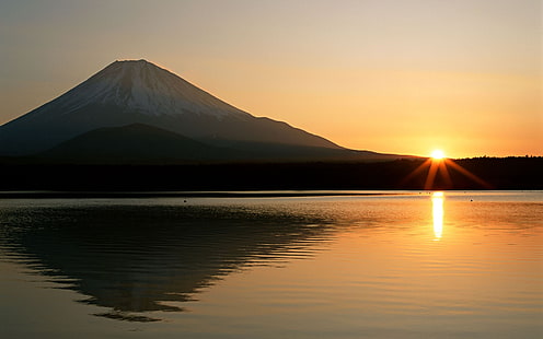 Факели, Япония, пейзаж, планина Фуджи, планина, отражение, слънчева светлина, вода, HD тапет HD wallpaper