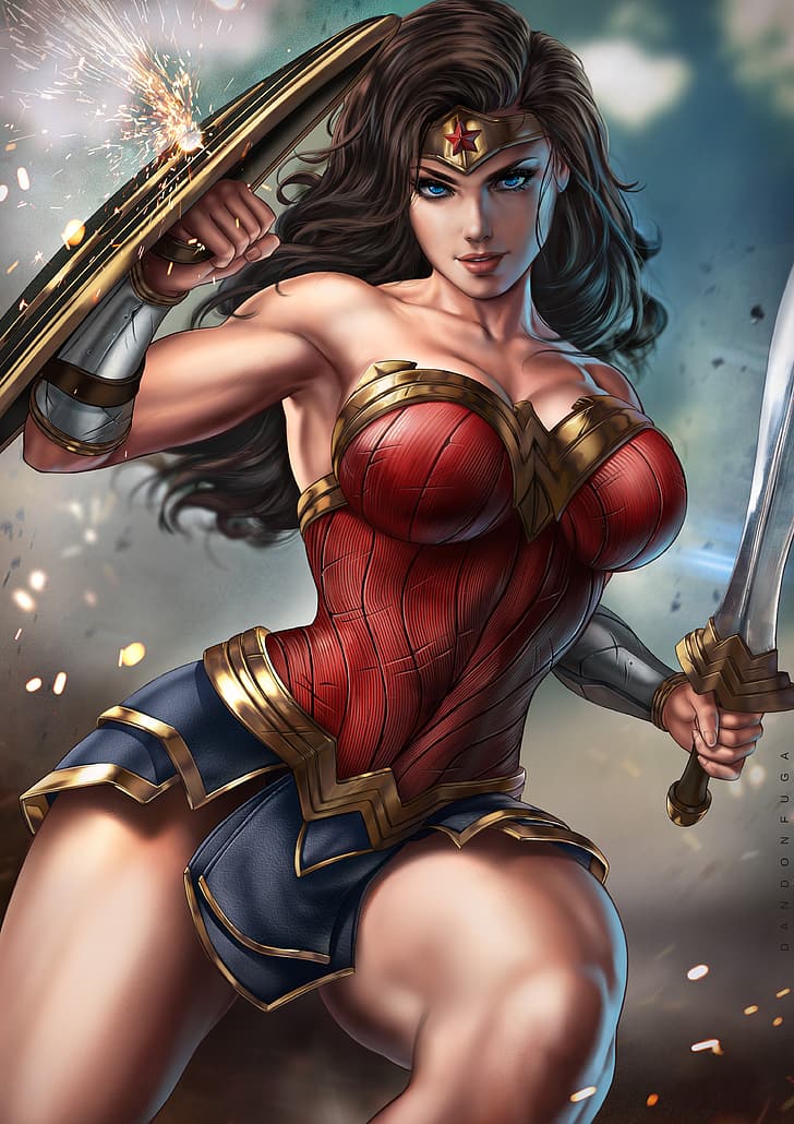 Wonder Woman, DC Comics, superbohaterki, postać fikcyjna, brunetka, tiary, niebieskie oczy, wojowniczki, nagie ramiona, rozchylone usta, zbroja, tarcza, miecz, 2D, grafika, ilustracja, rysunek, fanart, dandon fuga, Tapety HD, tapety na telefon