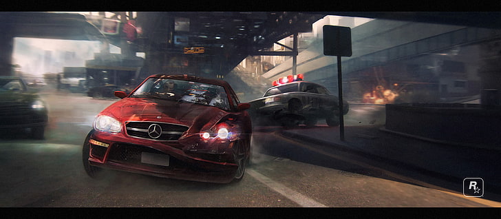 red Mercedes-Benz vehicle screengrab, the city, police, chase, Mercedes, Nico, GTA 4, Bellic, fanart, HD wallpaper
