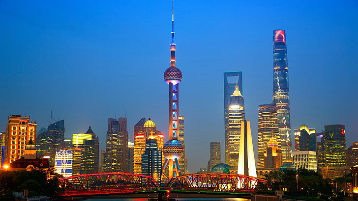 кула, Азия, Пудунг, Шанхай, световен финансов център, Шанхай, центъра, нощ, туристическа атракция, Китай, небе, столичен район, мост Уайбайду, кула, метрополия, забележителност, небостъргач, силует, градски пейзаж, град, HD тапет