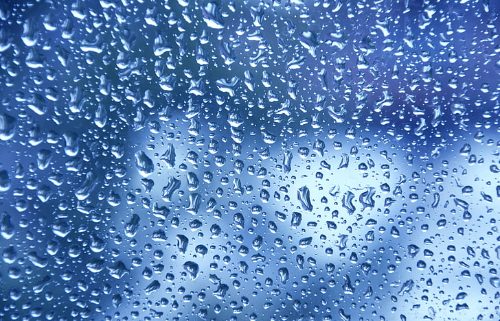 water dew on clear glass surface, patches, drops, glass, blue, HD wallpaper