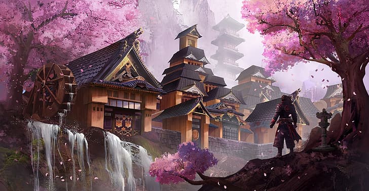artwork, fantasy art, waterfall, cherry blossom, architecture, Asian architecture, HD wallpaper