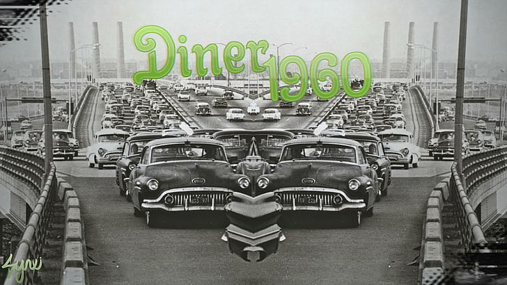 Diner 1960, Car, Highway, Old Cars, diner 1960, car, highway, old cars, HD wallpaper