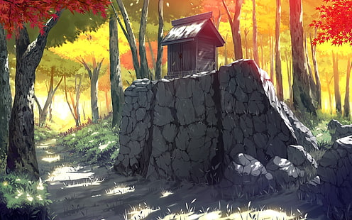 brown wooden house on top of rock digital wallpaper, brown wooden shed on top of concrete rock illustration, drawing, artwork, landscape, road, city, architecture, fall, fantasy art, anime, HD wallpaper HD wallpaper