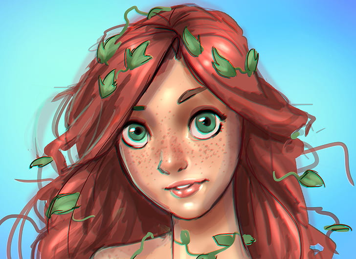 Comics, Poison Ivy, Face, Freckles, Girl, Green Eyes, Redhead, HD wallpaper