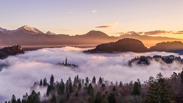 białe chmury obok zielonych liści drzew, mgła, krajobraz, góry, niebo, kościół, las, zaśnieżony szczyt, fotografia, Słowenia, drzewa, Tapety HD