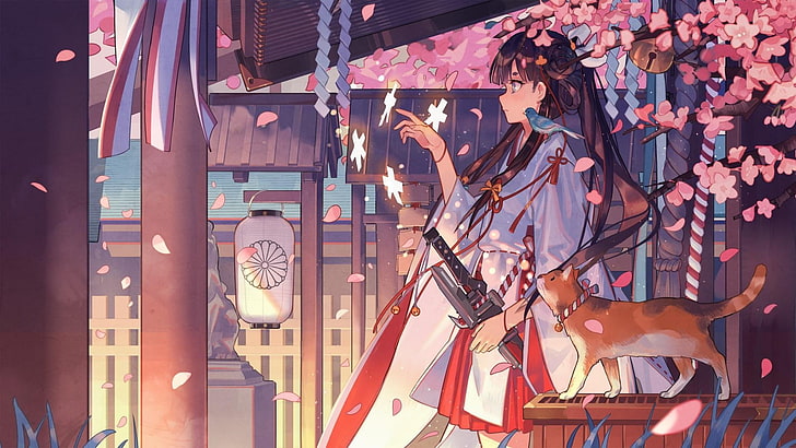 Anime, Anime Mädchen, Anime Kunst, Katze, Kirschblüte, rosa, Kunst, HD-Hintergrundbild