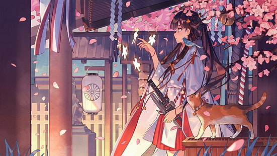 Anime, Anime Mädchen, Anime Kunst, Katze, Kirschblüte, rosa, Kunst, HD-Hintergrundbild HD wallpaper