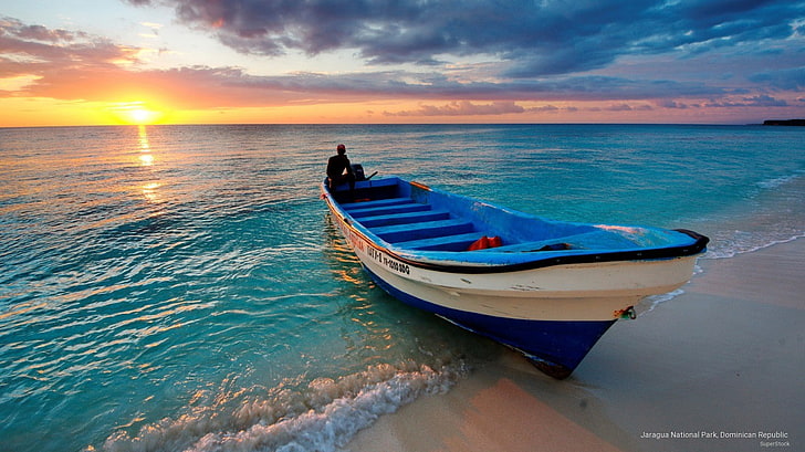 nature, landscape, sea, boat, sunset, HD wallpaper