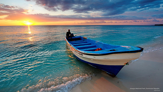 nature, landscape, sea, boat, sunset, HD wallpaper HD wallpaper