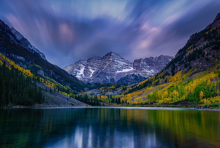 otoño, el cielo, montañas, lago, las laderas, Colorado, Maroon Lake, Maroon Bells, Montañas Rocosas, Montañas Elk, Lago Maroon, Fondo de pantalla HD