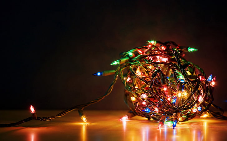 string lights, wire, new year, light bulb red blue yellow, Garland, tiresome to untangle the wires from garlands, HD wallpaper