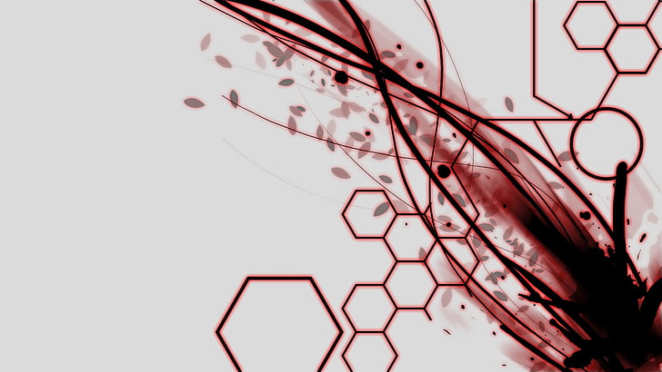 red geometry illustration, abstract, digital art, hexagon, red, lines, shapes, white, HD wallpaper