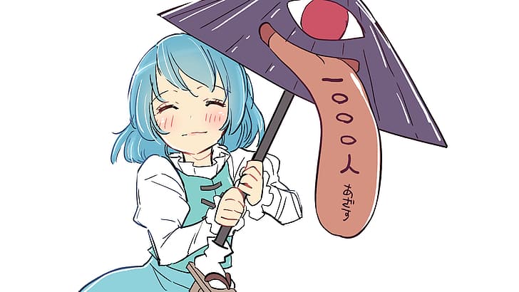 Touhou, Tatara Kogasa, Anime-Mädchen, weißer Hintergrund, blaues Haar, lächelnd, kurzes Haar, Regenschirm, HD-Hintergrundbild