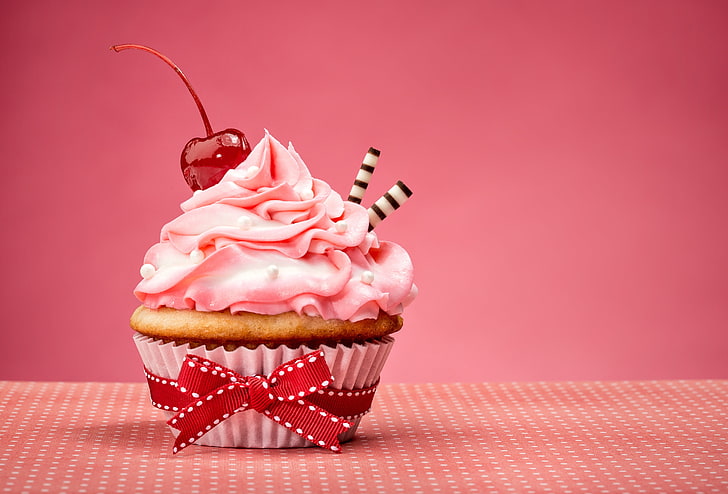bow, cake, cream, Happy Birthday, pink, sweet, cupcake, dessert, HD wallpaper