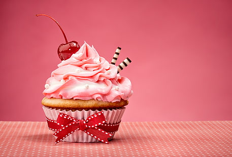弓、ケーキ、クリーム、お誕生日おめでとう、ピンク、甘い、カップケーキ、デザート、 HDデスクトップの壁紙 HD wallpaper