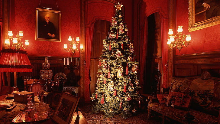 Julinredning, grön vit och röd julgran, helgdagar, 1920x1080, träd, jul, god jul, HD tapet