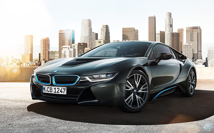 BMW i8 concept car in the city, black bmw sports coupe, BMW, Concept, Car, City, HD wallpaper