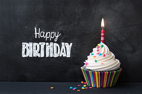 お誕生日おめでとう壁紙、キャンドル、カラフル、虹、ケーキ、クリーム、お誕生日おめでとう、色、カップケーキ、お祝い、装飾、キャンドル、誕生日、 HDデスクトップの壁紙 HD wallpaper